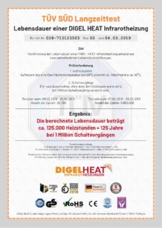Zertifikat über 125 Jahre Lebensdauer der Digel Heat Infrarotheizungen